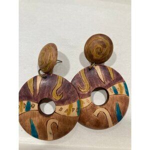 Inlaid and Hand painted Teak Wood Pierced Earrings & Necklace